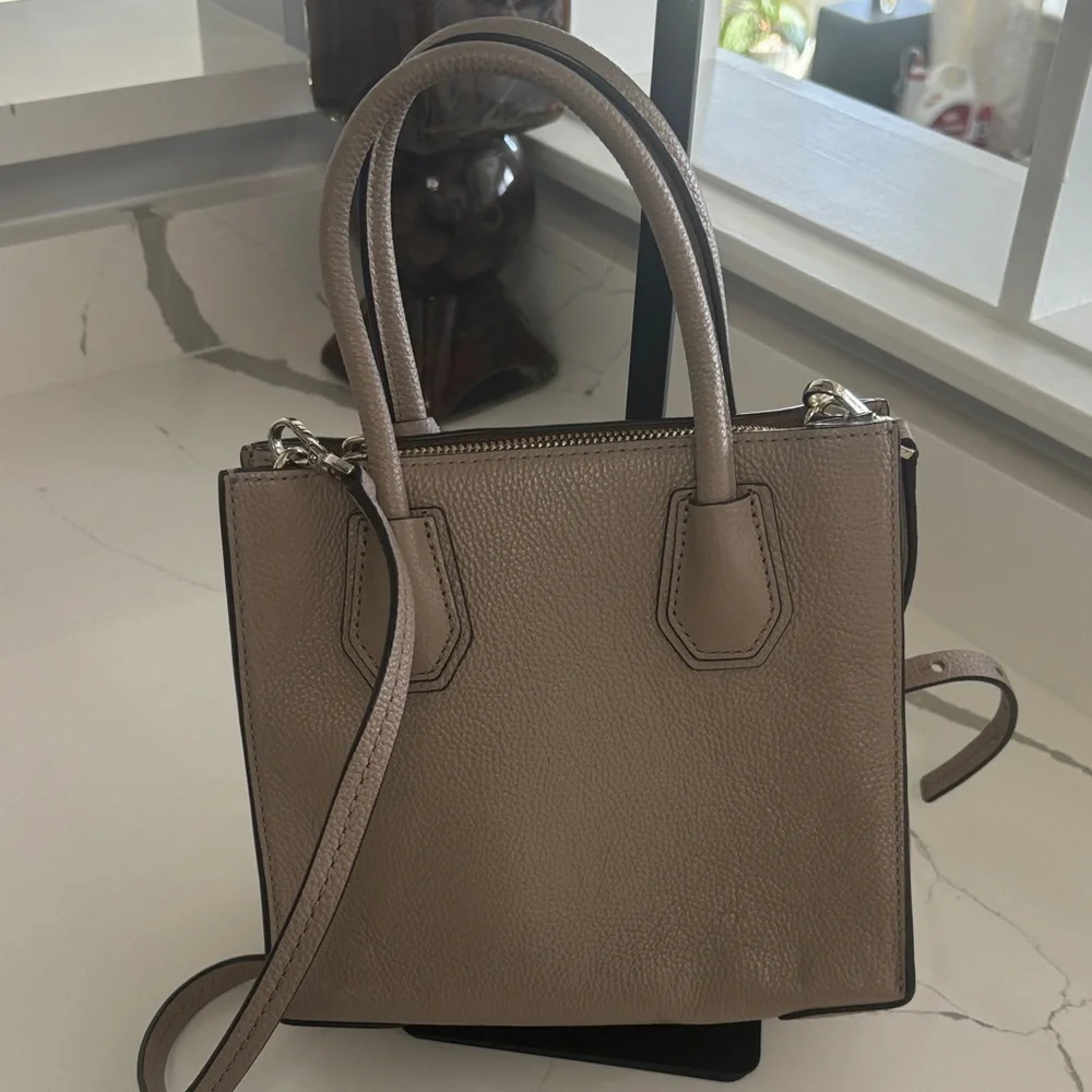 Michael Kors Mercer Pebbled Leather Crossbody Taupe Satchel with Gold Accents
